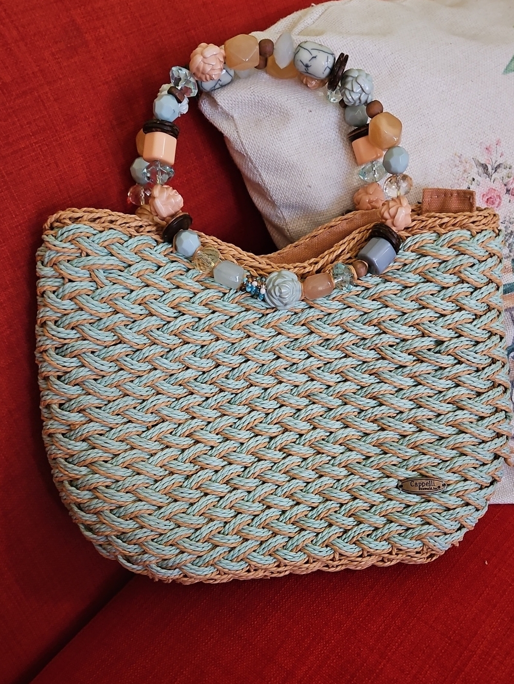 Cappelli Straworld Mint and Tan Braided Straw Tote with Beaded Handles